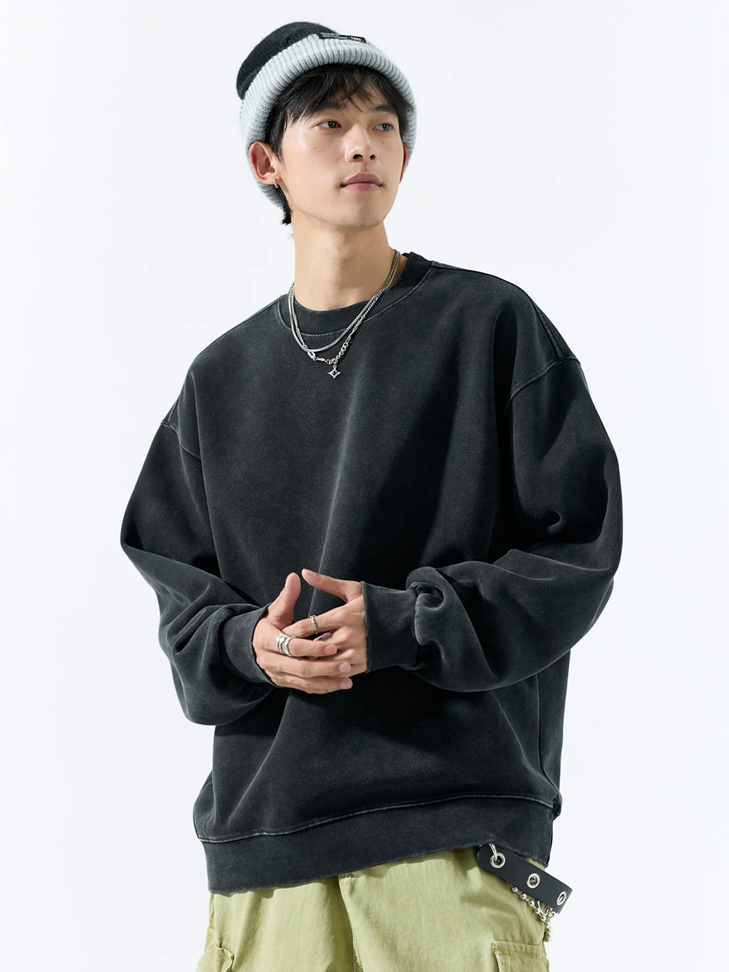 Men's Vintage Washed Solid-Color Pullover (Casual Wear)