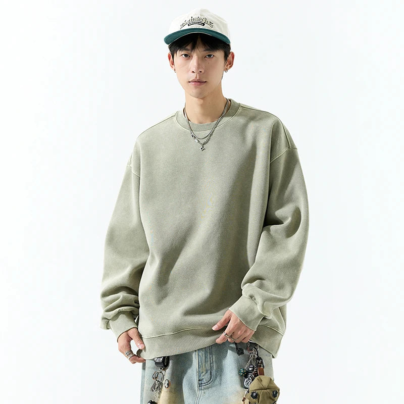 Men's Vintage Washed Solid-Color Pullover (Casual Wear)