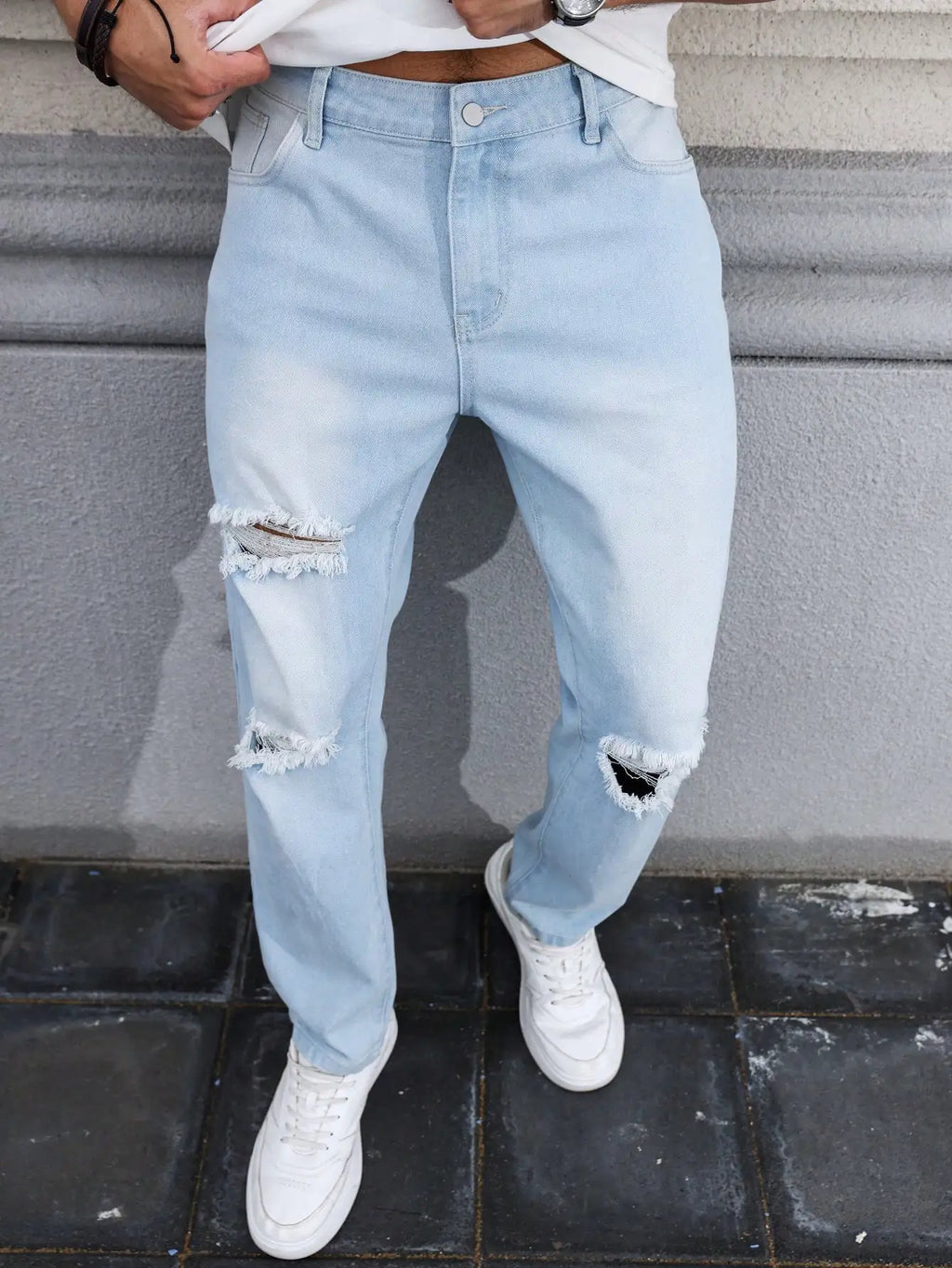 Men's Light Blue Distressed Jeans