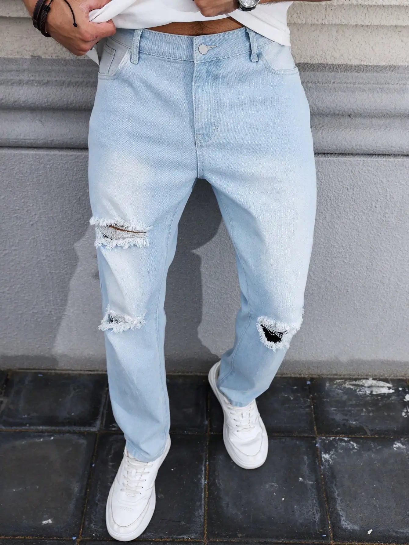 Men's Light Blue Distressed Jeans