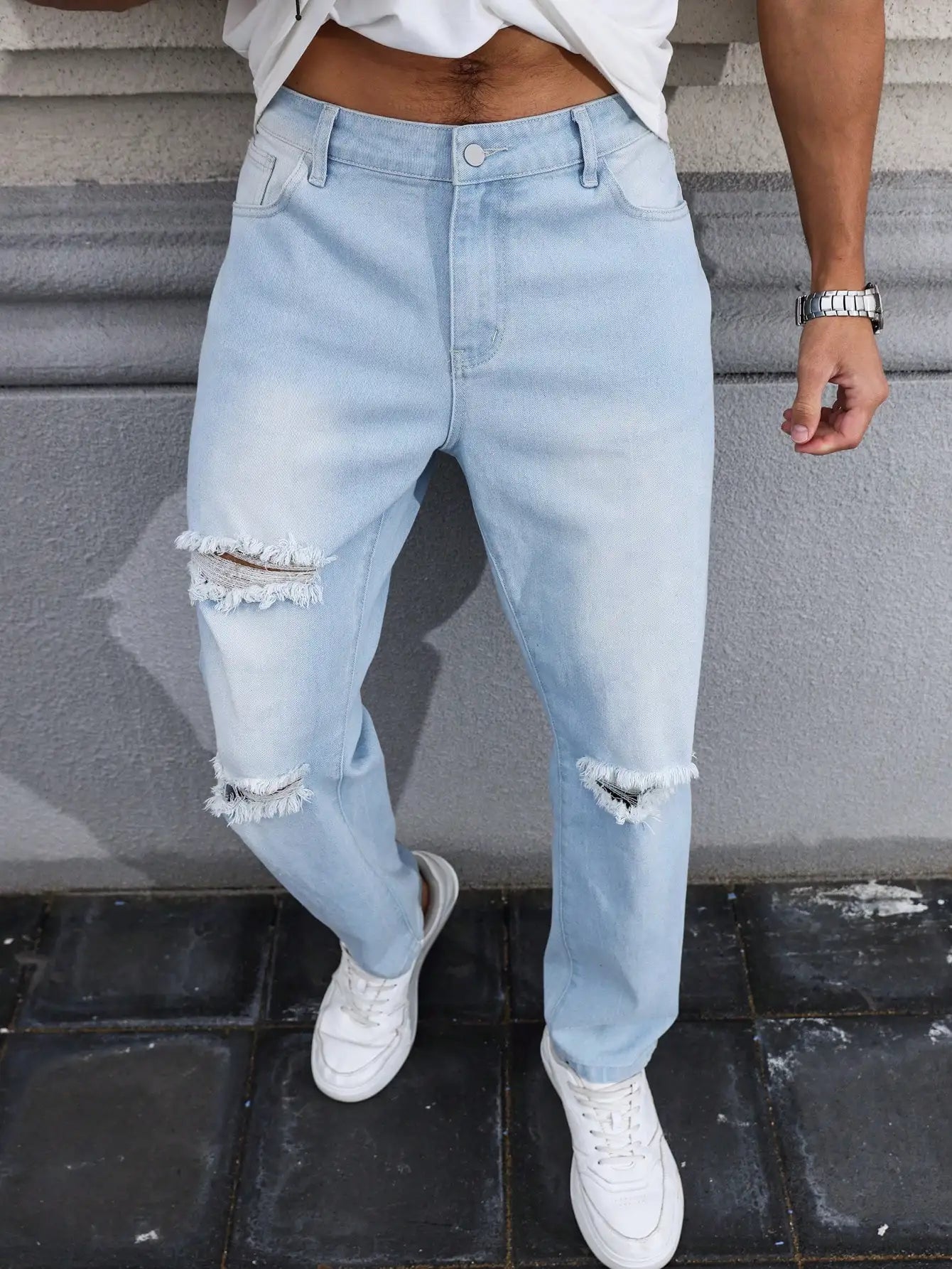Men's Light Blue Distressed Jeans