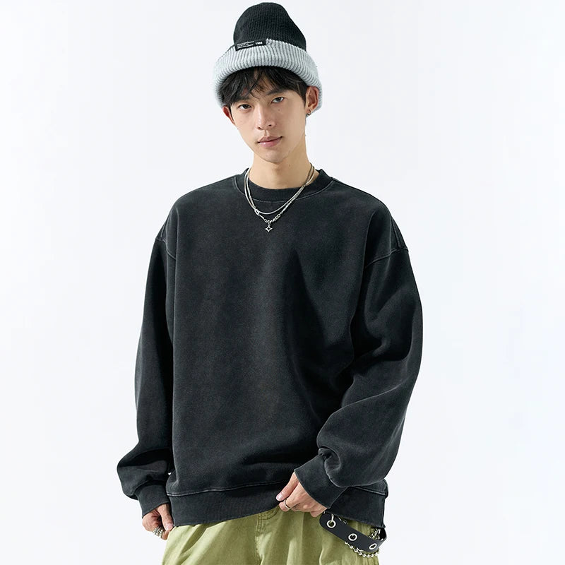 Men's Vintage Washed Solid-Color Pullover (Casual Wear)