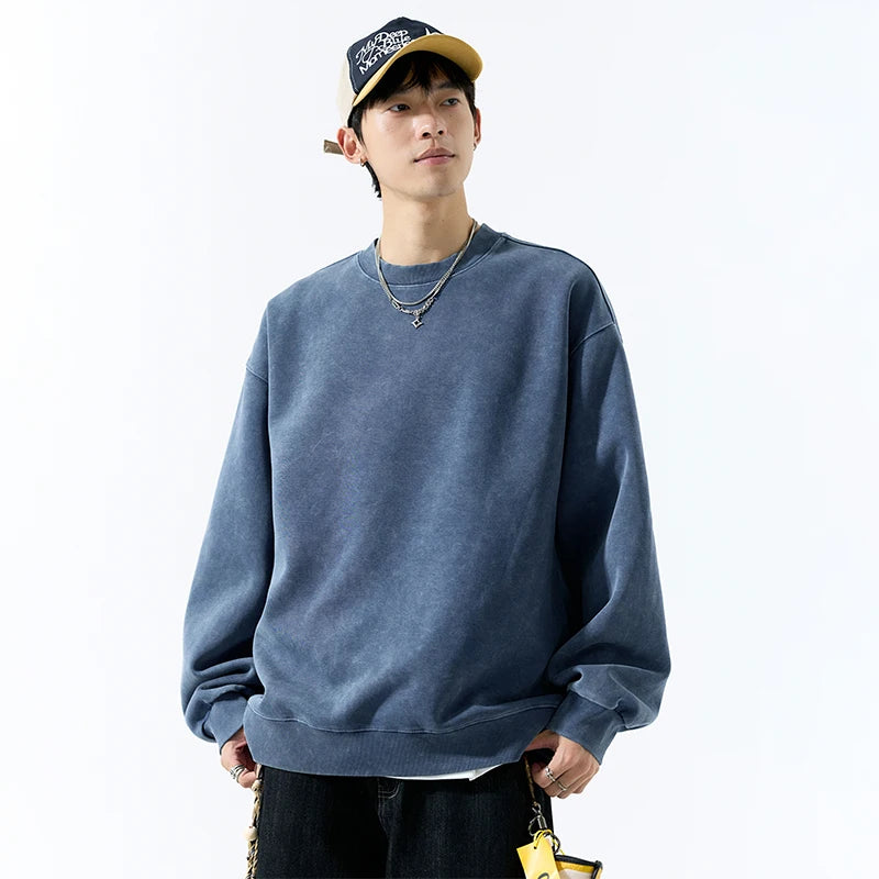 Men's Vintage Washed Solid-Color Pullover (Casual Wear)