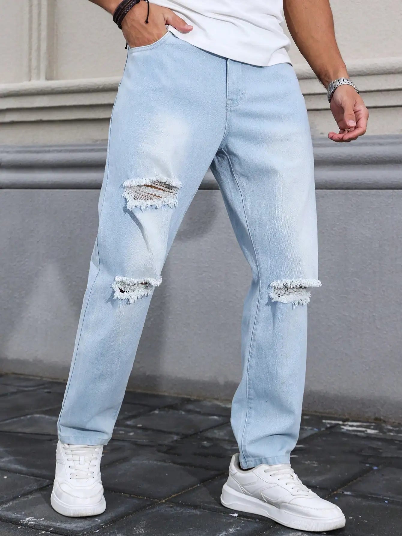 Men's Light Blue Distressed Jeans