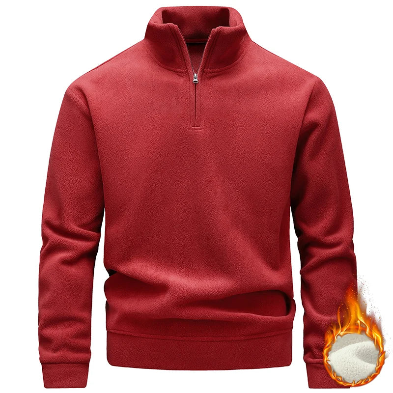 Fleece-Lined Warm Half-Zip High-Neck Sweatshirt